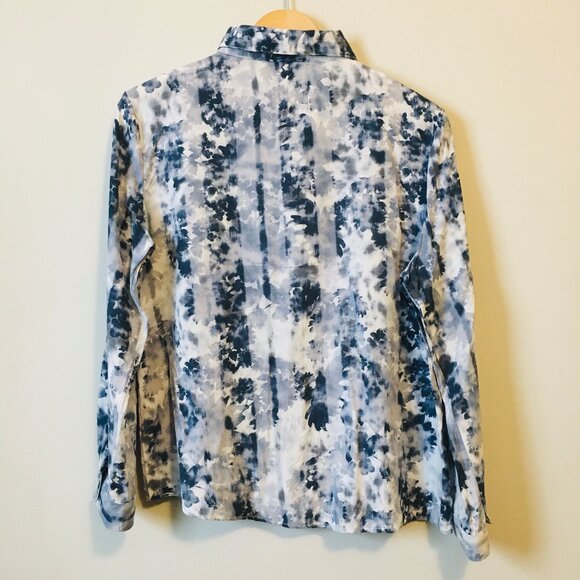 Coco Y Club White and Blue Floral Tie Dye Print Rayon Button Down Shirt - Picture 2 of 15